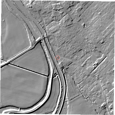 Shaded relief map of the ground around DN31DZ, computed from Environment Agency LiDAR. The ground here sits at about 6 m above sea level and falls 8 m across the surrounding 800 m. Surface water reaching this point runs off ground lying to the north, 5.1 m higher.