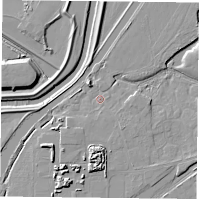 Shaded relief map of the ground around DN31EF, computed from Environment Agency LiDAR. The ground here sits at about 7 m above sea level and falls 12 m across the surrounding 800 m. Surface water reaching this point runs off ground lying to the south-south-west, 3.4 m higher.