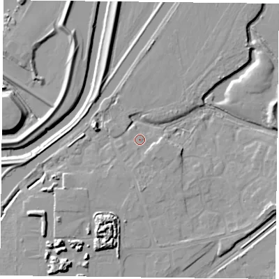 Shaded relief map of the ground around DN31EG, computed from Environment Agency LiDAR. The ground here sits at about 7 m above sea level and falls 12 m across the surrounding 800 m. Surface water reaching this point runs off ground lying to the east-south-east, 6.6 m higher.