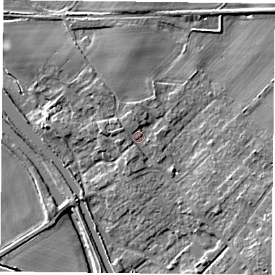 Shaded relief map of the ground around DN31EL, computed from Environment Agency LiDAR. The ground here sits at about 9 m above sea level and falls 9 m across the surrounding 800 m. Surface water reaching this point runs off ground lying to the north-north-west, 1.7 m higher.