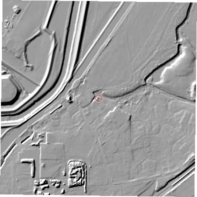 Shaded relief map of the ground around DN31EQ, computed from Environment Agency LiDAR. The ground here sits at about 6 m above sea level and falls 12 m across the surrounding 800 m. Surface water reaching this point runs off ground lying to the east-south-east, 6.6 m higher.