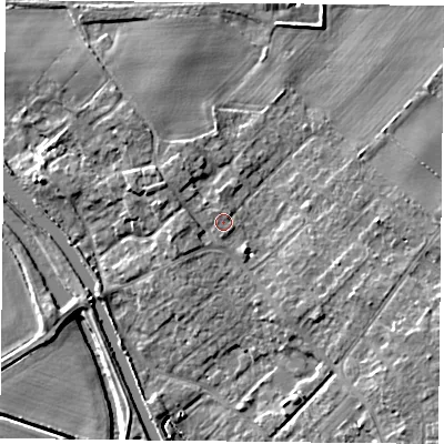 Shaded relief map of the ground around DN31EU, computed from Environment Agency LiDAR. The ground here sits at about 9 m above sea level and falls 9 m across the surrounding 800 m. Surface water reaching this point runs off ground lying to the north-north-west, 0.9 m higher.