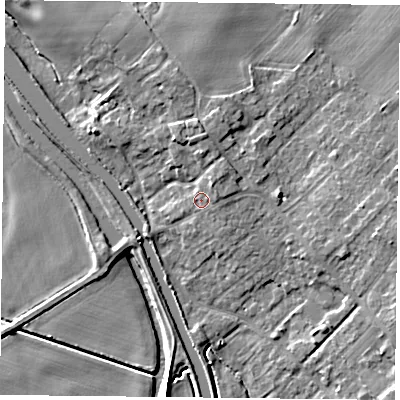 Shaded relief map of the ground around DN31EW, computed from Environment Agency LiDAR. The ground here sits at about 8 m above sea level and falls 8 m across the surrounding 800 m. Surface water reaching this point runs off ground lying to the east-north-east, 2.0 m higher.