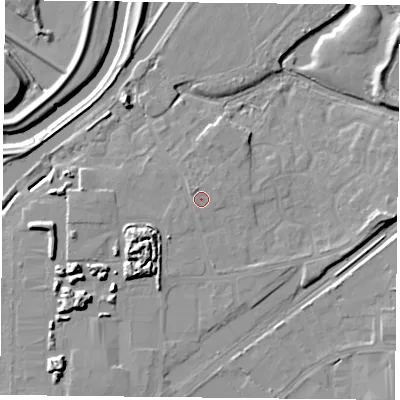 Shaded relief map of the ground around DN31FB, computed from Environment Agency LiDAR. The ground here sits at about 9 m above sea level and falls 12 m across the surrounding 800 m. Surface water reaching this point runs off ground lying to the north-west, 0.8 m higher.