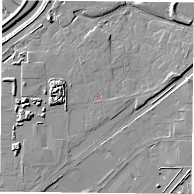 Shaded relief map of the ground around DN31FD, computed from Environment Agency LiDAR. The ground here sits at about 8 m above sea level and falls 12 m across the surrounding 800 m. Surface water reaching this point runs off ground lying to the south, 0.6 m higher.