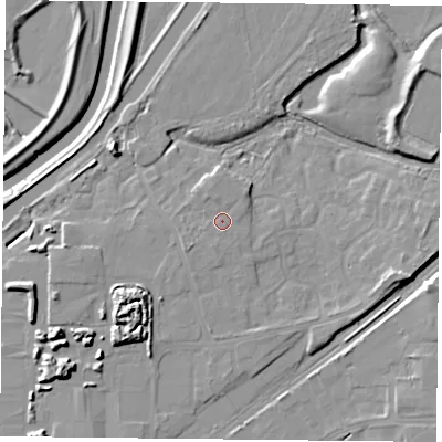 Shaded relief map of the ground around DN31FE, computed from Environment Agency LiDAR. The ground here sits at about 9 m above sea level and falls 12 m across the surrounding 800 m. Surface water reaching this point runs off ground lying to the north-north-west, 0.9 m higher.