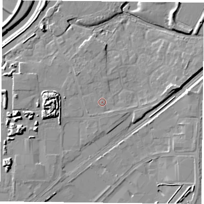 Shaded relief map of the ground around DN31FF, computed from Environment Agency LiDAR. The ground here sits at about 8 m above sea level and falls 12 m across the surrounding 800 m. Surface water reaching this point runs off ground lying to the south-east, 1.1 m higher.