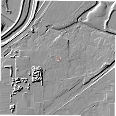 Shaded relief map of the ground around DN31FG, computed from Environment Agency LiDAR. The ground here sits at about 9 m above sea level and falls 12 m across the surrounding 800 m. Surface water reaching this point runs off ground lying to the west, 0.8 m higher.