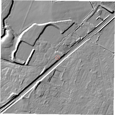 Shaded relief map of the ground around DN31GA, computed from Environment Agency LiDAR. The ground here sits at about 9 m above sea level and falls 8 m across the surrounding 800 m. Surface water reaching this point runs off ground lying to the south-west, 6.4 m higher.