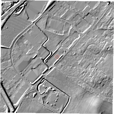 Shaded relief map of the ground around DN31GZ, computed from Environment Agency LiDAR. The ground here sits at about 8 m above sea level and falls 8 m across the surrounding 800 m. Surface water reaching this point runs off ground lying to the west-south-west, 2.6 m higher.