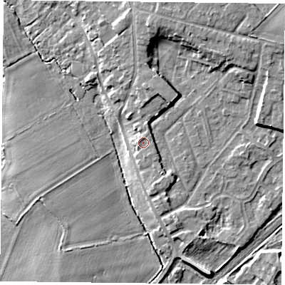 Shaded relief map of the ground around DN31HA, computed from Environment Agency LiDAR. The ground here sits at about 9 m above sea level and falls 8 m across the surrounding 800 m. Surface water reaching this point runs off ground lying to the north-east, 0.9 m higher.