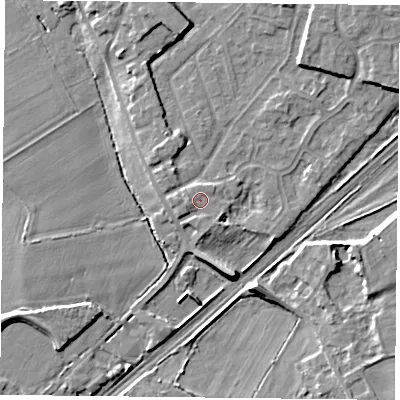 Shaded relief map of the ground around DN31HB, computed from Environment Agency LiDAR. The ground here sits at about 9 m above sea level and falls 8 m across the surrounding 800 m. Surface water reaching this point runs off ground lying to the west, 1.0 m higher.