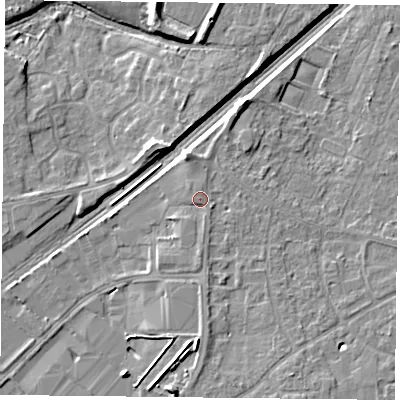 Shaded relief map of the ground around DN31HE, computed from Environment Agency LiDAR. The ground here sits at about 10 m above sea level and falls 8 m across the surrounding 800 m. Surface water reaching this point runs off ground lying to the east, 1.0 m higher.