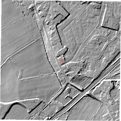 Shaded relief map of the ground around DN31HF, computed from Environment Agency LiDAR. The ground here sits at about 9 m above sea level and falls 8 m across the surrounding 800 m. Surface water reaching this point runs off ground lying to the north-east, 1.4 m higher.
