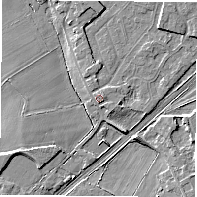 Shaded relief map of the ground around DN31HG, computed from Environment Agency LiDAR. The ground here sits at about 9 m above sea level and falls 8 m across the surrounding 800 m. Surface water reaching this point runs off ground lying to the north, 1.2 m higher.