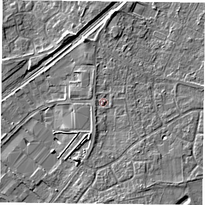 Shaded relief map of the ground around DN31HP, computed from Environment Agency LiDAR. The ground here sits at about 10 m above sea level and falls 7 m across the surrounding 800 m. Surface water reaching this point runs off ground lying to the south-east, 2.0 m higher.