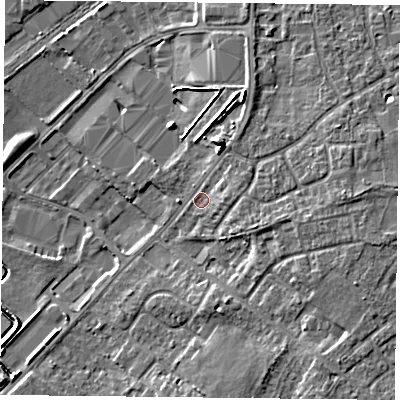 Shaded relief map of the ground around DN31HR, computed from Environment Agency LiDAR. The ground here sits at about 9 m above sea level and falls 7 m across the surrounding 800 m. Surface water reaching this point runs off ground lying to the east, 4.0 m higher.