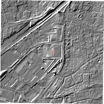 Shaded relief map of the ground around DN31HT, computed from Environment Agency LiDAR. The ground here sits at about 9 m above sea level and falls 7 m across the surrounding 800 m. Surface water reaching this point runs off ground lying to the south-south-east, 1.2 m higher.