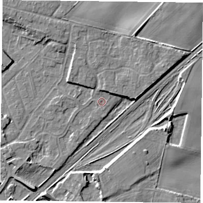 Shaded relief map of the ground around DN31HU, computed from Environment Agency LiDAR. The ground here sits at about 9 m above sea level and falls 7 m across the surrounding 800 m. Surface water reaching this point runs off ground lying to the north-north-east, 2.5 m higher.