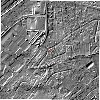 Shaded relief map of the ground around DN31HY, computed from Environment Agency LiDAR. The ground here sits at about 11 m above sea level and falls 6 m across the surrounding 800 m. Surface water reaching this point runs off ground lying to the east-south-east, 2.2 m higher.