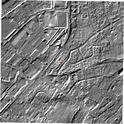 Shaded relief map of the ground around DN31HZ, computed from Environment Agency LiDAR. The ground here sits at about 10 m above sea level and falls 7 m across the surrounding 800 m. Surface water reaching this point runs off ground lying to the east-south-east, 1.7 m higher.
