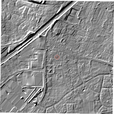 Shaded relief map of the ground around DN31JL, computed from Environment Agency LiDAR. The ground here sits at about 10 m above sea level and falls 8 m across the surrounding 800 m. The ground contributing surface water to this point lies to the north-west.