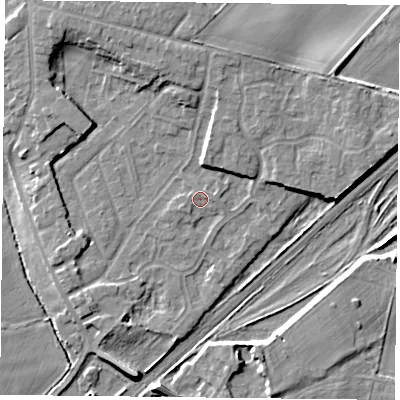 Shaded relief map of the ground around DN31JN, computed from Environment Agency LiDAR. The ground here sits at about 9 m above sea level and falls 8 m across the surrounding 800 m. Surface water reaching this point runs off ground lying to the west-south-west, 0.9 m higher.