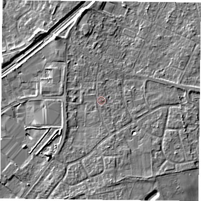 Shaded relief map of the ground around DN31JP, computed from Environment Agency LiDAR. The ground here sits at about 10 m above sea level and falls 7 m across the surrounding 800 m. Surface water reaching this point runs off ground lying to the south-south-east, 1.3 m higher.