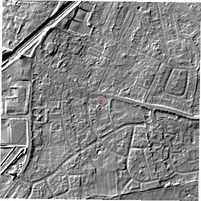 Shaded relief map of the ground around DN31JR, computed from Environment Agency LiDAR. The ground here sits at about 9 m above sea level and falls 7 m across the surrounding 800 m. Surface water reaching this point runs off ground lying to the south, 3.5 m higher.