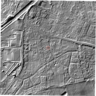Shaded relief map of the ground around DN31JS, computed from Environment Agency LiDAR. The ground here sits at about 10 m above sea level and falls 7 m across the surrounding 800 m. Surface water reaching this point runs off ground lying to the south-south-west, 2.1 m higher.