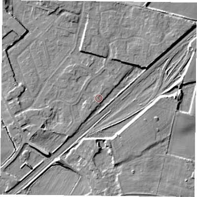 Shaded relief map of the ground around DN31JW, computed from Environment Agency LiDAR. The ground here sits at about 9 m above sea level and falls 8 m across the surrounding 800 m. Surface water reaching this point runs off ground lying to the north-north-east, 1.7 m higher.