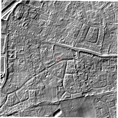 Shaded relief map of the ground around DN31JX, computed from Environment Agency LiDAR. The ground here sits at about 10 m above sea level and falls 7 m across the surrounding 800 m. Surface water reaching this point runs off ground lying to the south-south-west, 3.6 m higher.