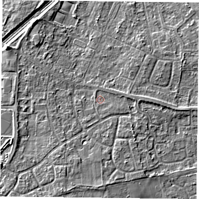 Shaded relief map of the ground around DN31JY, computed from Environment Agency LiDAR. The ground here sits at about 9 m above sea level and falls 7 m across the surrounding 800 m. Surface water reaching this point runs off ground lying to the south-south-west, 3.6 m higher.