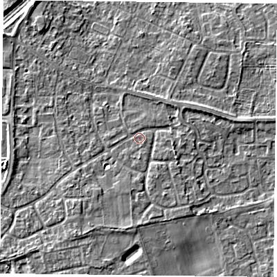 Shaded relief map of the ground around DN31JZ, computed from Environment Agency LiDAR. The ground here sits at about 10 m above sea level and falls 7 m across the surrounding 800 m. Surface water reaching this point runs off ground lying to the south-south-west, 3.6 m higher.
