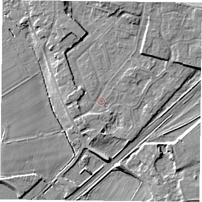 Shaded relief map of the ground around DN31LG, computed from Environment Agency LiDAR. The ground here sits at about 8 m above sea level and falls 8 m across the surrounding 800 m. Surface water reaching this point runs off ground lying to the north-north-east, 4.5 m higher.