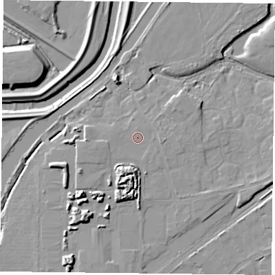 Shaded relief map of the ground around DN31LL, computed from Environment Agency LiDAR. The ground here sits at about 9 m above sea level and falls 12 m across the surrounding 800 m. Surface water reaching this point runs off ground lying to the south-west, 0.6 m higher.