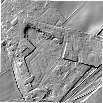 Shaded relief map of the ground around DN31LP, computed from Environment Agency LiDAR. The ground here sits at about 8 m above sea level and falls 8 m across the surrounding 800 m. Surface water reaching this point runs off ground lying to the north, 4.8 m higher.