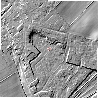 Shaded relief map of the ground around DN31LQ, computed from Environment Agency LiDAR. The ground here sits at about 8 m above sea level and falls 8 m across the surrounding 800 m. Surface water reaching this point runs off ground lying to the north-north-west, 4.8 m higher.