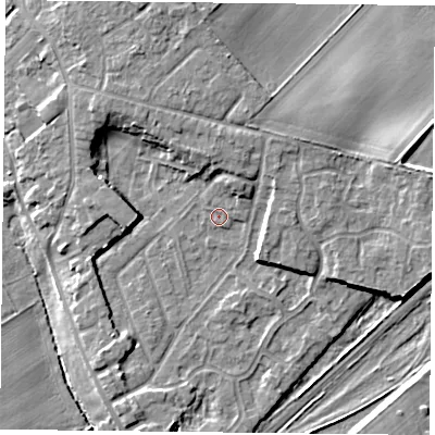 Shaded relief map of the ground around DN31LT, computed from Environment Agency LiDAR. The ground here sits at about 9 m above sea level and falls 8 m across the surrounding 800 m. Surface water reaching this point runs off ground lying to the north-north-east, 2.4 m higher.