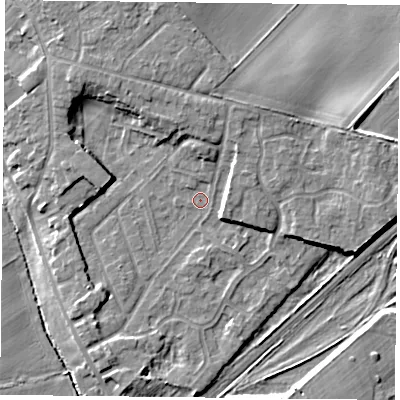 Shaded relief map of the ground around DN31LW, computed from Environment Agency LiDAR. The ground here sits at about 8 m above sea level and falls 8 m across the surrounding 800 m. Surface water reaching this point runs off ground lying to the north-north-west, 4.8 m higher.
