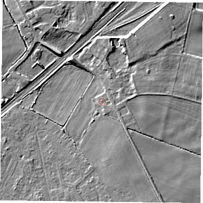 Shaded relief map of the ground around DN31NB, computed from Environment Agency LiDAR. The ground here sits at about 9 m above sea level and falls 7 m across the surrounding 800 m. Surface water reaching this point runs off ground lying to the east-south-east, 2.2 m higher.