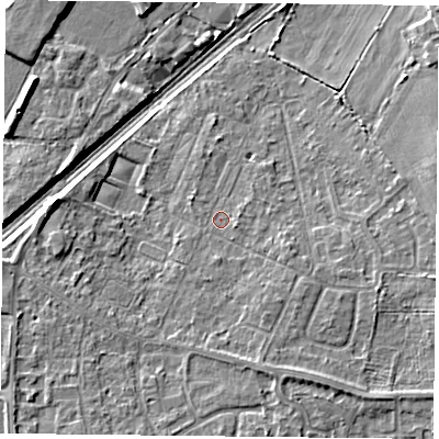Shaded relief map of the ground around DN31NG, computed from Environment Agency LiDAR. The ground here sits at about 8 m above sea level and falls 7 m across the surrounding 800 m. Surface water reaching this point runs off ground lying to the south-east, 2.0 m higher.