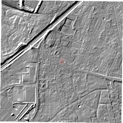 Shaded relief map of the ground around DN31NH, computed from Environment Agency LiDAR. The ground here sits at about 9 m above sea level and falls 8 m across the surrounding 800 m. Surface water reaching this point runs off ground lying to the south, 0.9 m higher.