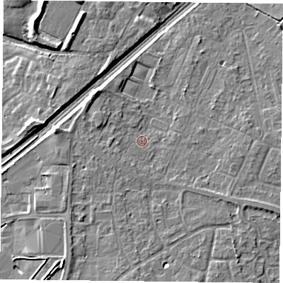 Shaded relief map of the ground around DN31NJ, computed from Environment Agency LiDAR. The ground here sits at about 8 m above sea level and falls 8 m across the surrounding 800 m. Surface water reaching this point runs off ground lying to the south, 3.6 m higher.