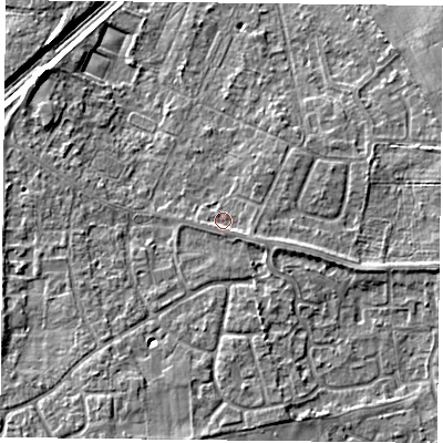 Shaded relief map of the ground around DN31NL, computed from Environment Agency LiDAR. The ground here sits at about 9 m above sea level and falls 7 m across the surrounding 800 m. Surface water reaching this point runs off ground lying to the east-south-east, 1.3 m higher.