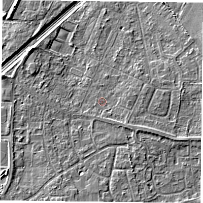 Shaded relief map of the ground around DN31NN, computed from Environment Agency LiDAR. The ground here sits at about 9 m above sea level and falls 7 m across the surrounding 800 m. Surface water reaching this point runs off ground lying to the south-east, 1.6 m higher.