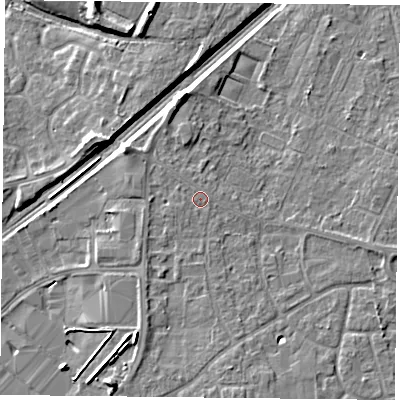 Shaded relief map of the ground around DN31NQ, computed from Environment Agency LiDAR. The ground here sits at about 9 m above sea level and falls 8 m across the surrounding 800 m. Surface water reaching this point runs off ground lying to the south-south-west, 0.7 m higher.