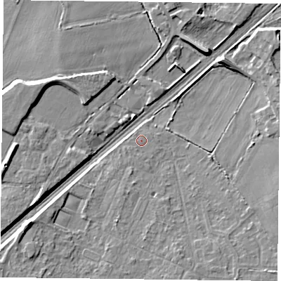 Shaded relief map of the ground around DN31NS, computed from Environment Agency LiDAR. The ground here sits at about 7 m above sea level and falls 7 m across the surrounding 800 m. Surface water reaching this point runs off ground lying to the south, 0.8 m higher.