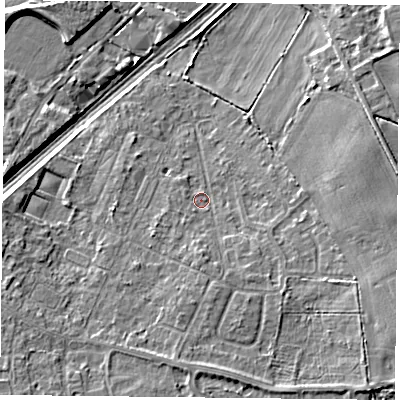 Shaded relief map of the ground around DN31NY, computed from Environment Agency LiDAR. The ground here sits at about 8 m above sea level and falls 7 m across the surrounding 800 m. Surface water reaching this point runs off ground lying to the south-south-east, 2.6 m higher.