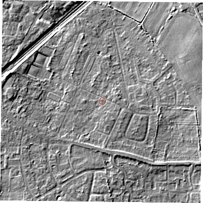 Shaded relief map of the ground around DN31PD, computed from Environment Agency LiDAR. The ground here sits at about 9 m above sea level and falls 7 m across the surrounding 800 m. Surface water reaching this point runs off ground lying to the east-south-east, 1.5 m higher.